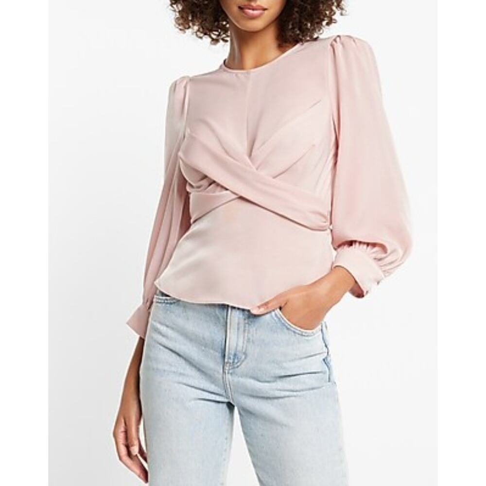 Express Satin Crew Neck Puff Sleeve Wrap Top Mauve Pink Size M Casual Work